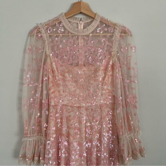 BHLDN Needle & Thread Pink Sequin Long Sleeve Dress, Size 0 NWOT - Picture 4 of 15